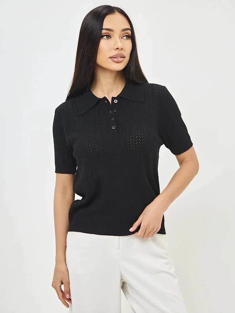 Women’s Short Sleeve Knitted T-Shirt | Casual Loose Lapel Summer Top