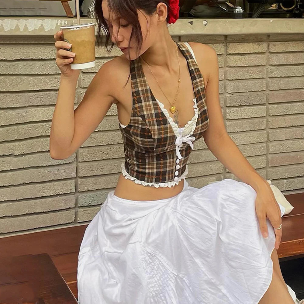 Women’s Halterneck Plaid Crop Top | Backless Slim Tank with Bow Detail