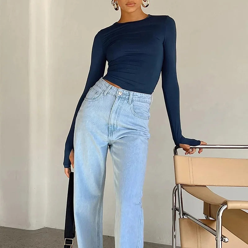 Women’s Long Sleeve Crop Top | Slim Fit Crew Neck T-Shirt with Thumb Holes