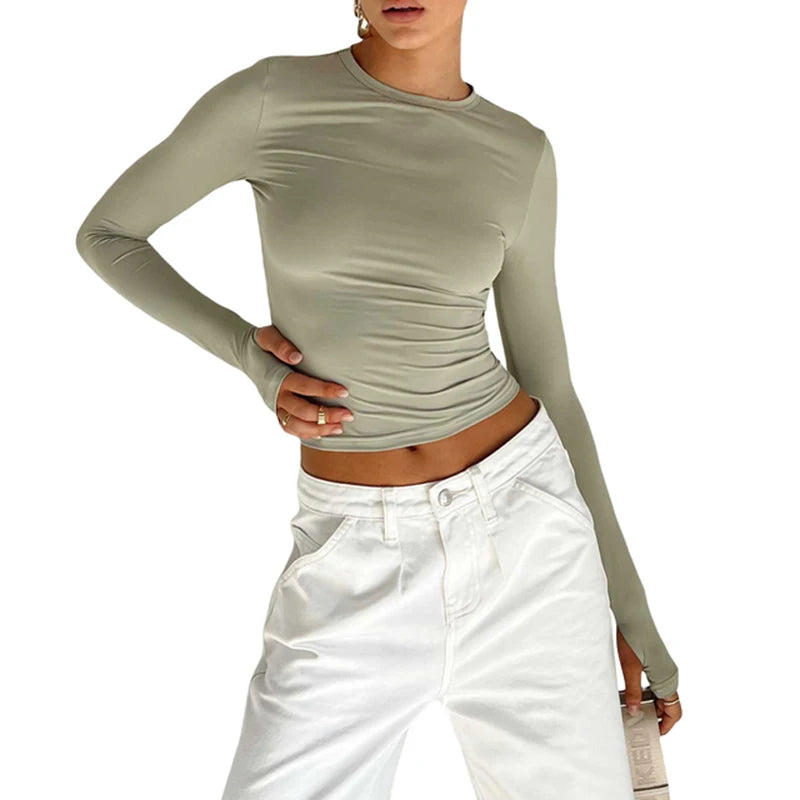 Women’s Long Sleeve Crop Top | Slim Fit Crew Neck T-Shirt with Thumb Holes