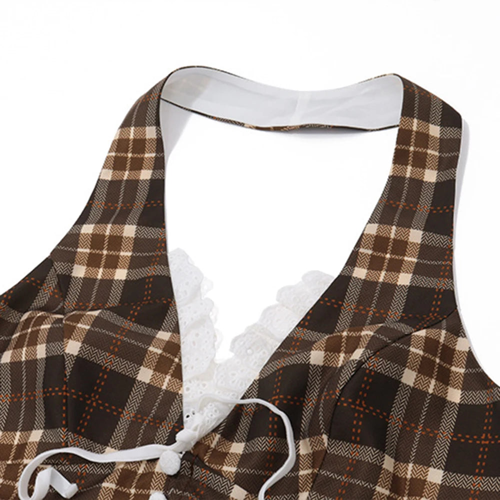 Women’s Halterneck Plaid Crop Top | Backless Slim Tank with Bow Detail