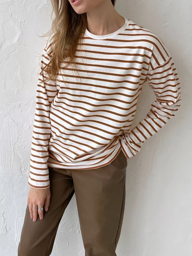 Women’s Striped Long Sleeve T-Shirt | Casual Loose Cotton Tee