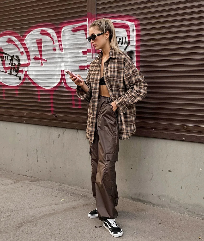 Women’s Vintage Plaid Checkered Shirt | Long Sleeve Loose Casual Button-Up Blouse