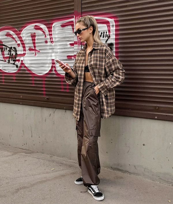 Women’s Vintage Plaid Checkered Shirt | Long Sleeve Loose Casual Button-Up Blouse