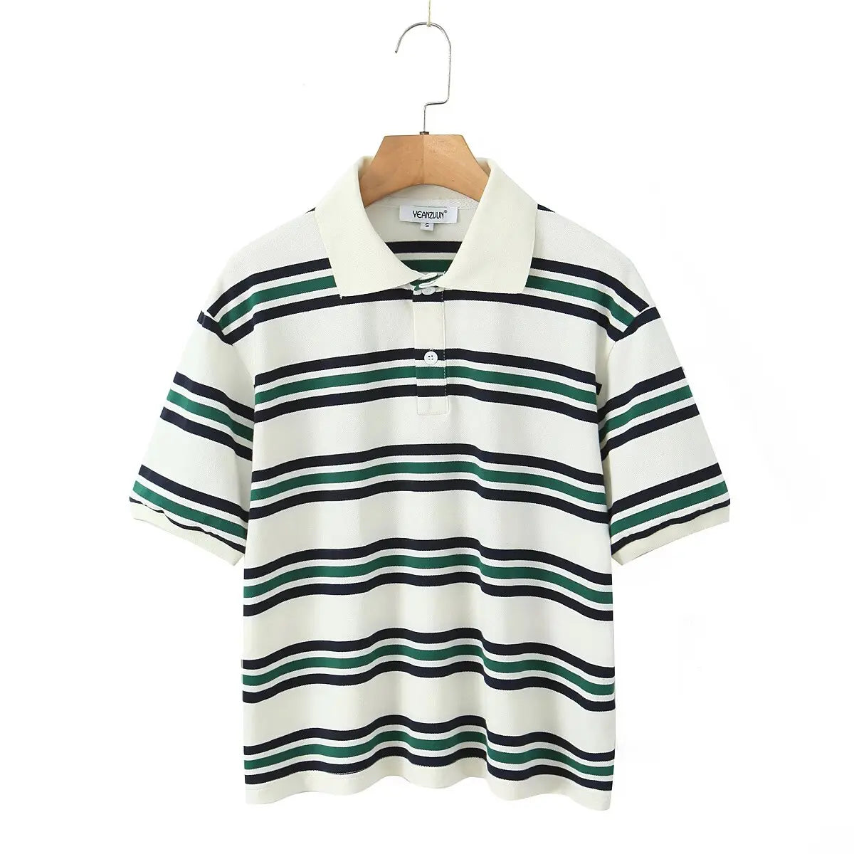 Women’s Vintage Striped Polo Shirt | Short Sleeve Cropped Top with Turn-Down Collar