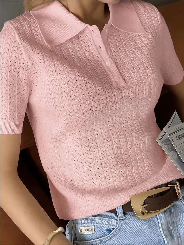 Women’s Short Sleeve Knitted T-Shirt | Casual Loose Lapel Summer Top