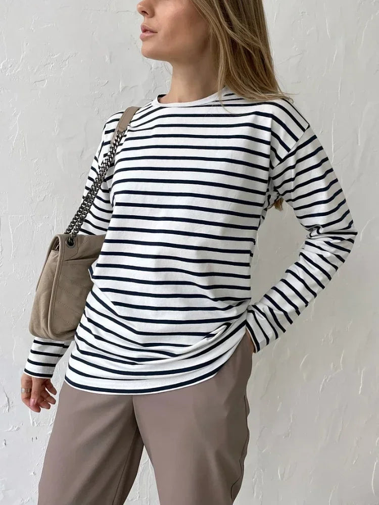 Women’s Striped Long Sleeve T-Shirt | Casual Loose Cotton Tee