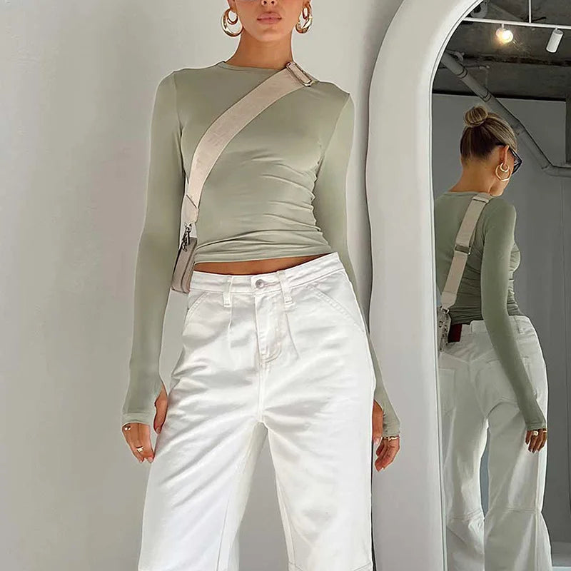 Women’s Long Sleeve Crop Top | Slim Fit Crew Neck T-Shirt with Thumb Holes