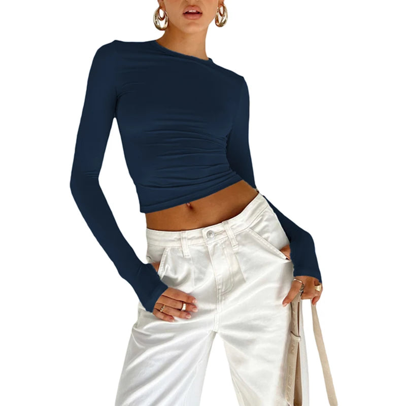 Women’s Long Sleeve Crop Top | Slim Fit Crew Neck T-Shirt with Thumb Holes