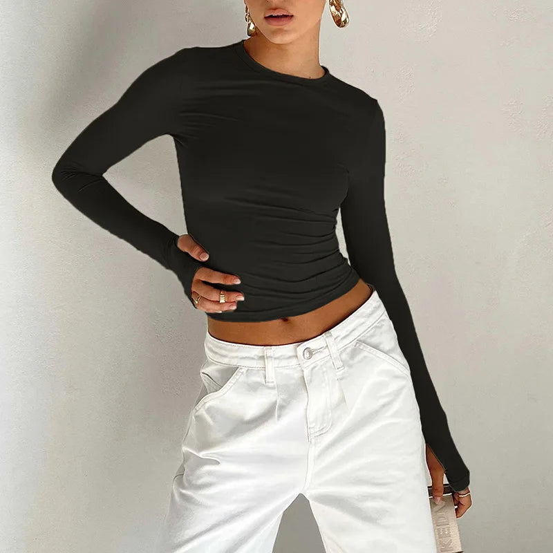 Women’s Long Sleeve Crop Top | Slim Fit Crew Neck T-Shirt with Thumb Holes