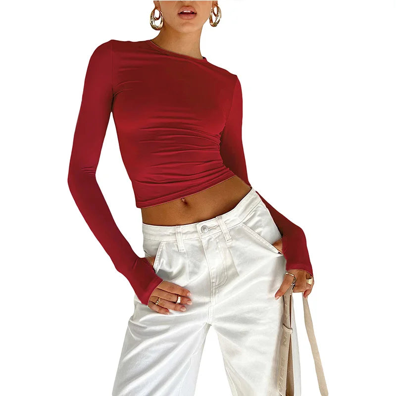 Women’s Long Sleeve Crop Top | Slim Fit Crew Neck T-Shirt with Thumb Holes