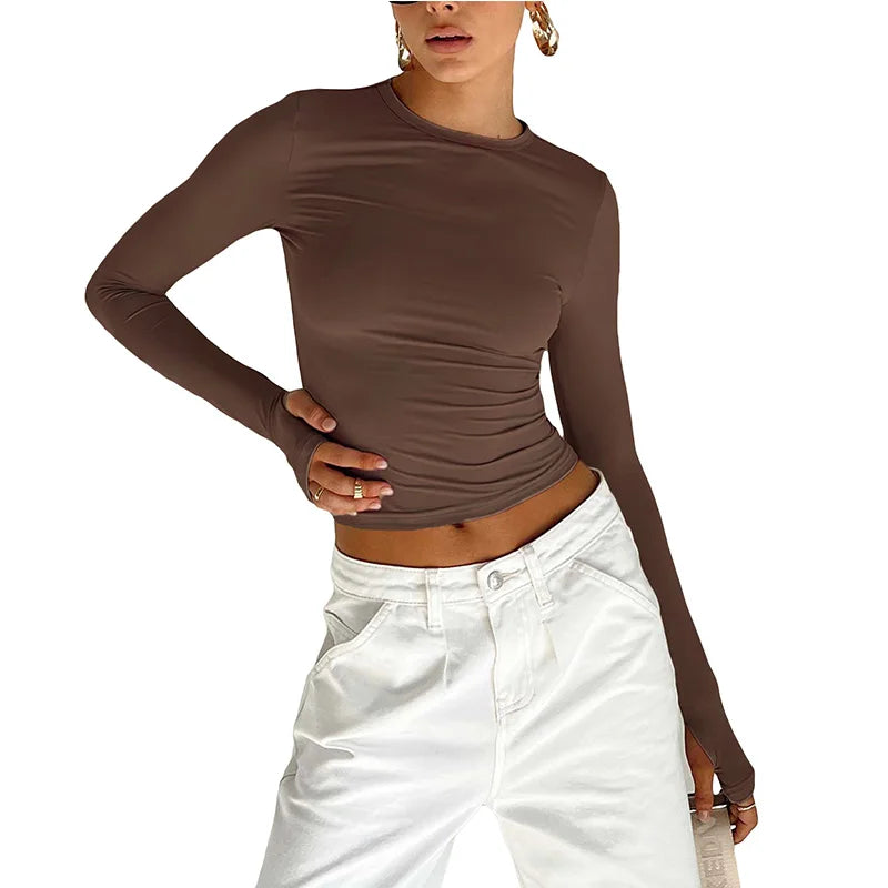 Women’s Long Sleeve Crop Top | Slim Fit Crew Neck T-Shirt with Thumb Holes