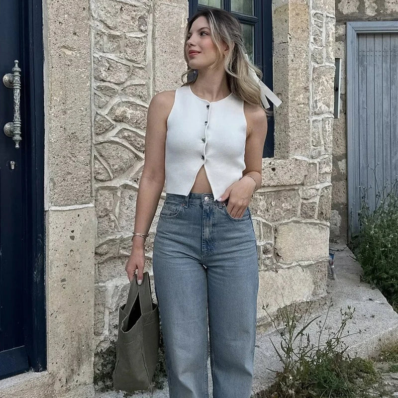 Women’s White Knit Crop Top | Button Front Sleeveless Summer Tank