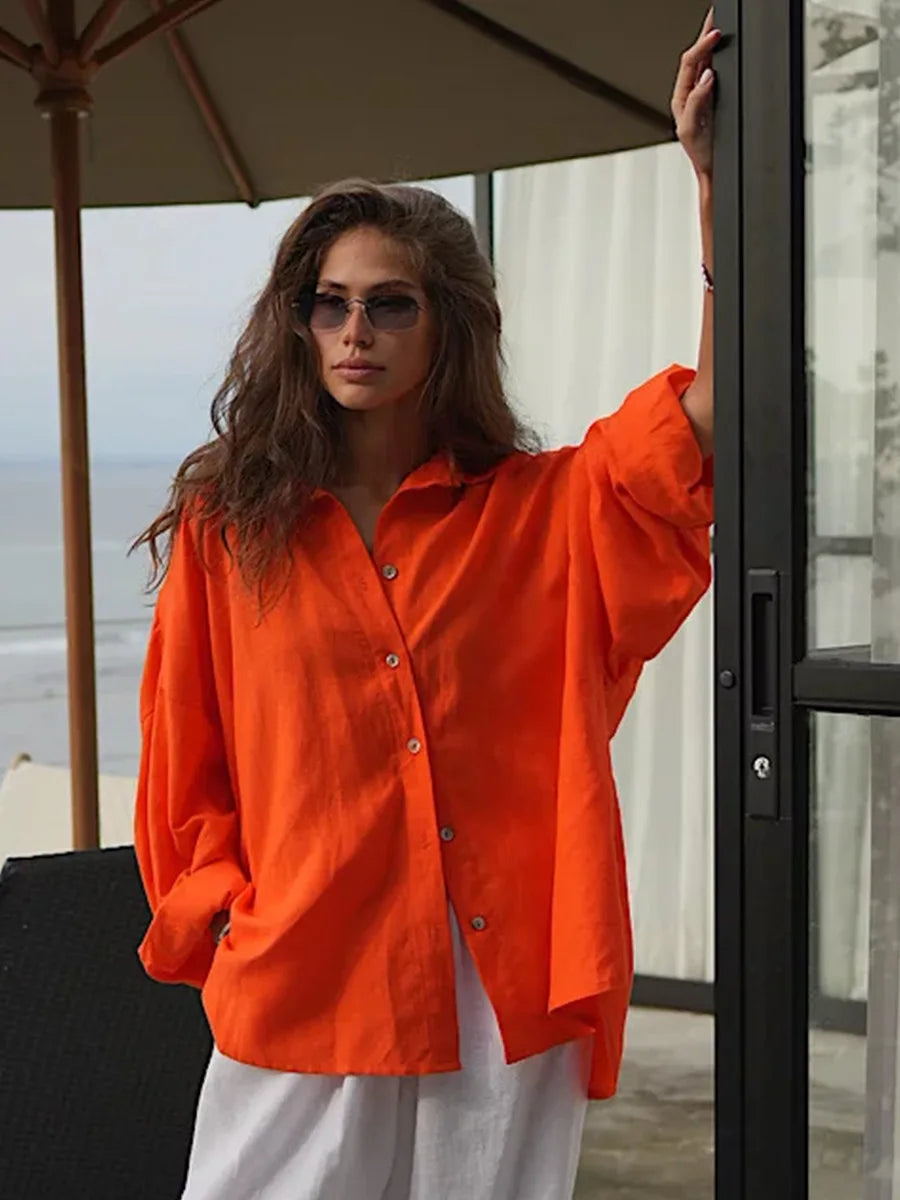 Women’s Cotton Loose Shirt | Casual Long Sleeve Button-Up Cardigan Top