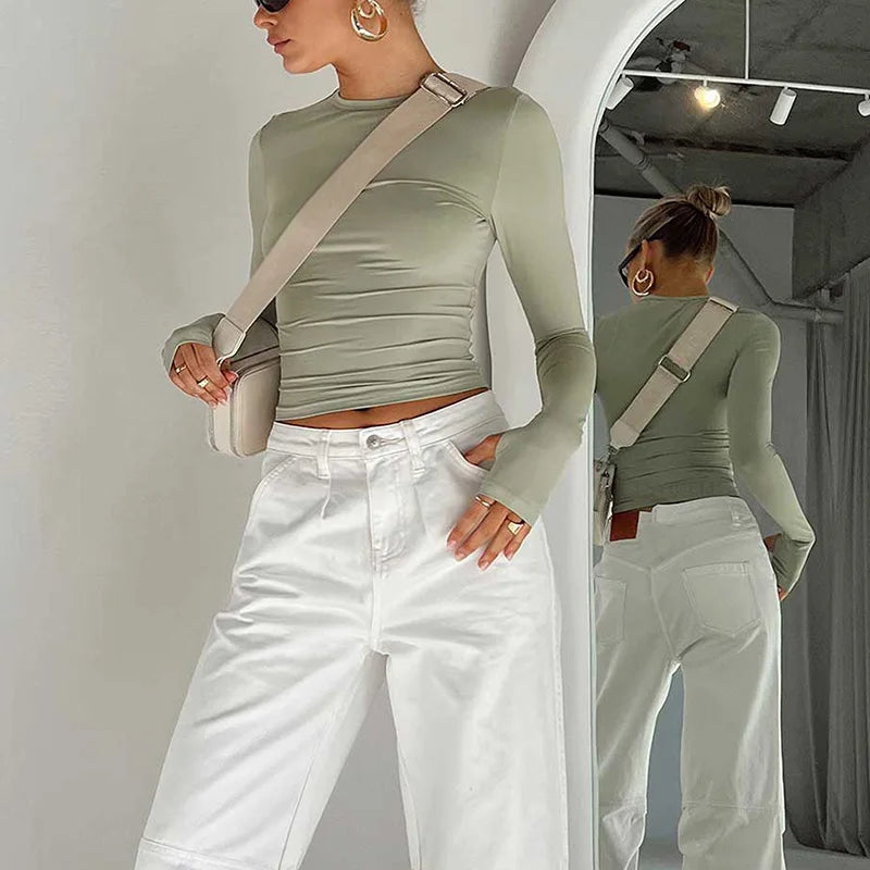 Women’s Long Sleeve Crop Top | Slim Fit Crew Neck T-Shirt with Thumb Holes
