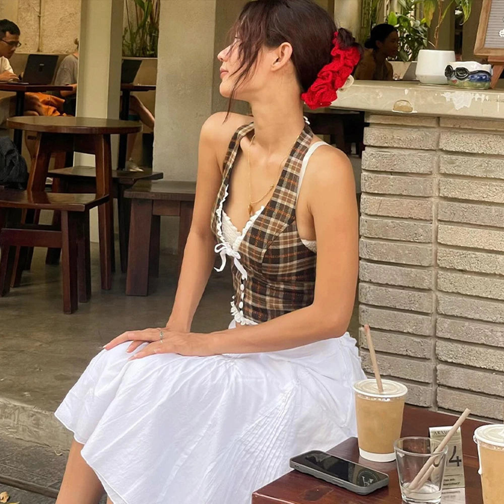 Women’s Halterneck Plaid Crop Top | Backless Slim Tank with Bow Detail