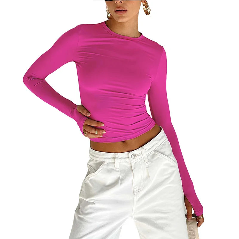 Women’s Long Sleeve Crop Top | Slim Fit Crew Neck T-Shirt with Thumb Holes