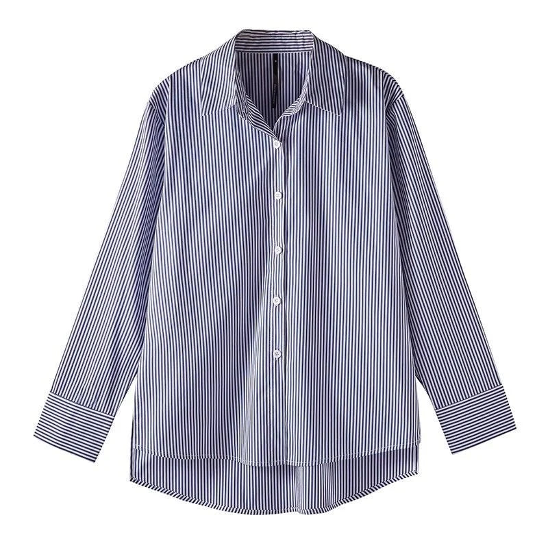 Women’s Striped Blouse | Lantern Sleeve Stand Collar Shirt