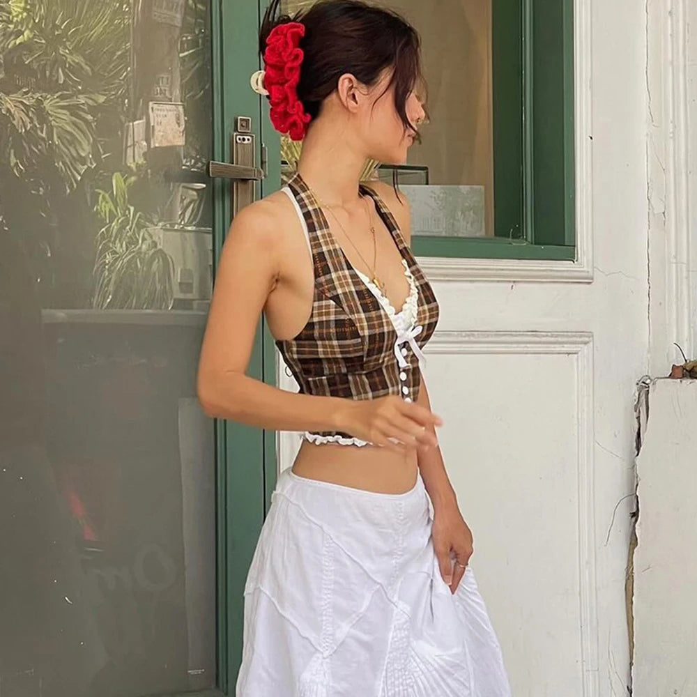 Women’s Halterneck Plaid Crop Top | Backless Slim Tank with Bow Detail