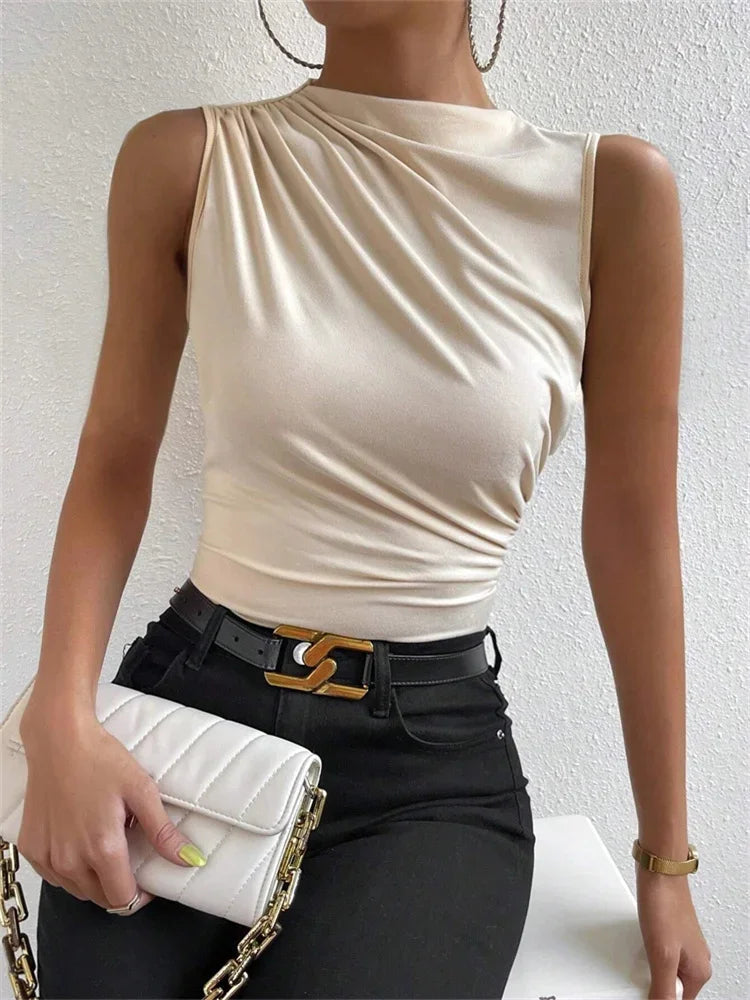 Women’s Mock Neck Ruched Tank Top | Solid Color Sleeveless Summer Tee
