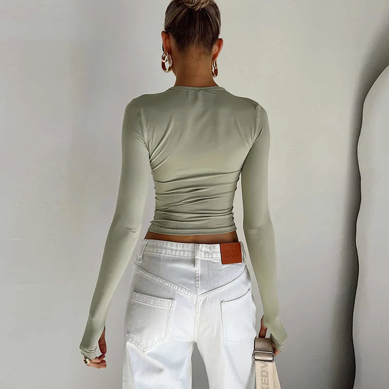 Women’s Long Sleeve Crop Top | Slim Fit Crew Neck T-Shirt with Thumb Holes