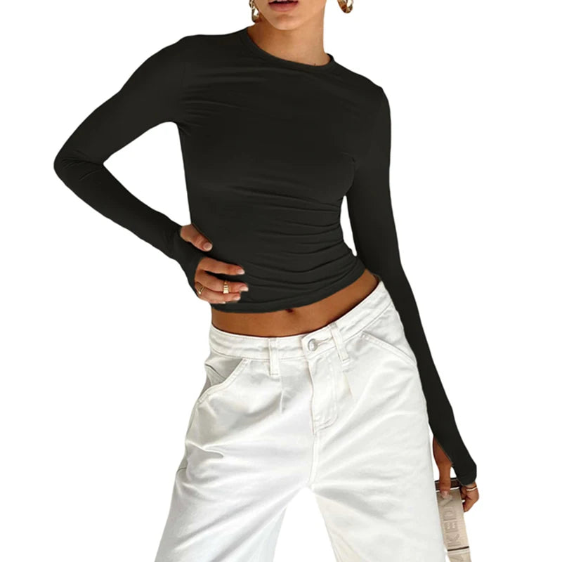 Women’s Long Sleeve Crop Top | Slim Fit Crew Neck T-Shirt with Thumb Holes