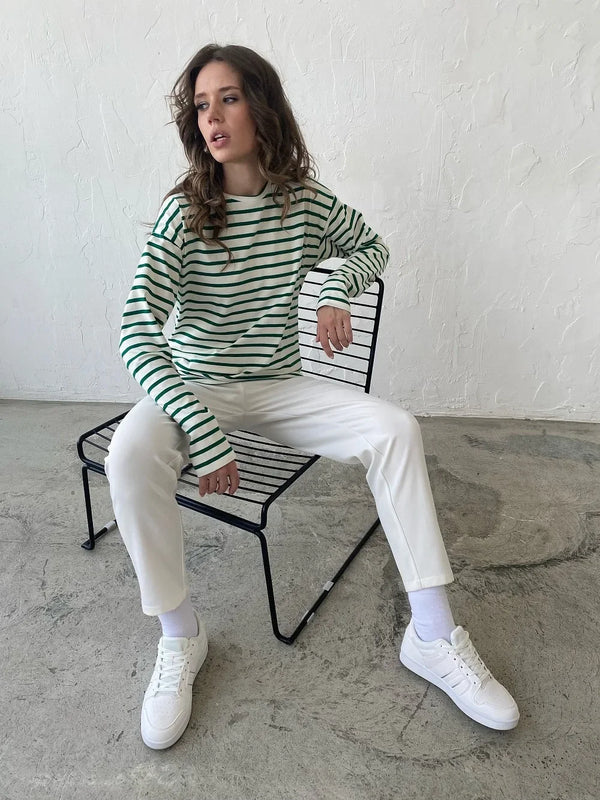 Women’s Striped Long Sleeve T-Shirt | Casual Loose Cotton Tee