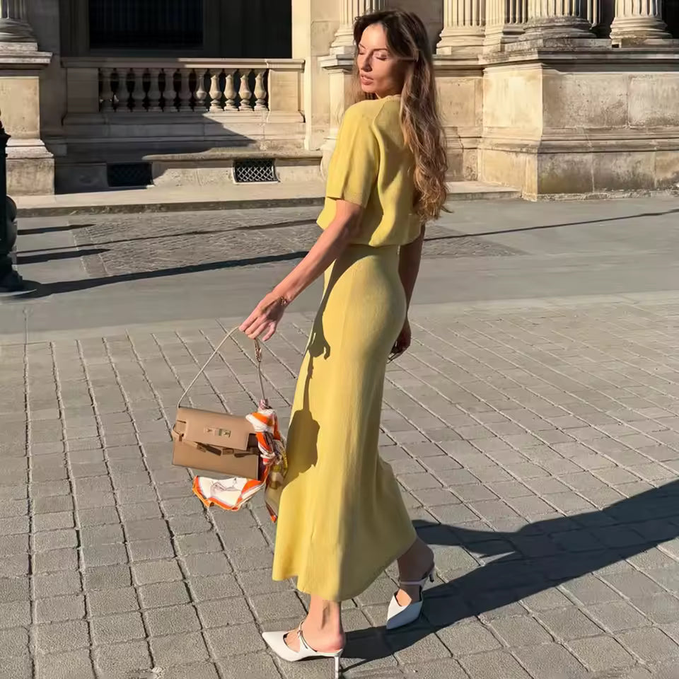 Women’s Soft Knit Two-Piece Set | Short Sleeve Pullover Top & Skirt Solid Color Summer Outfit