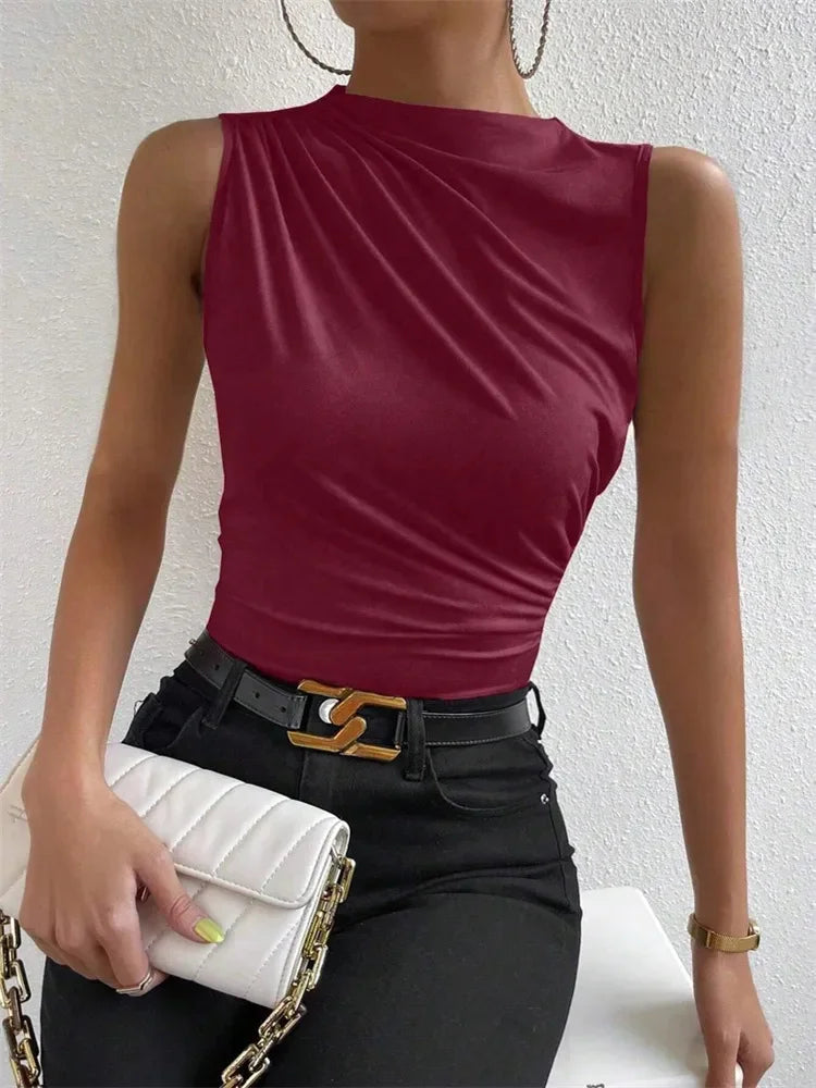 Women’s Mock Neck Ruched Tank Top | Solid Color Sleeveless Summer Tee