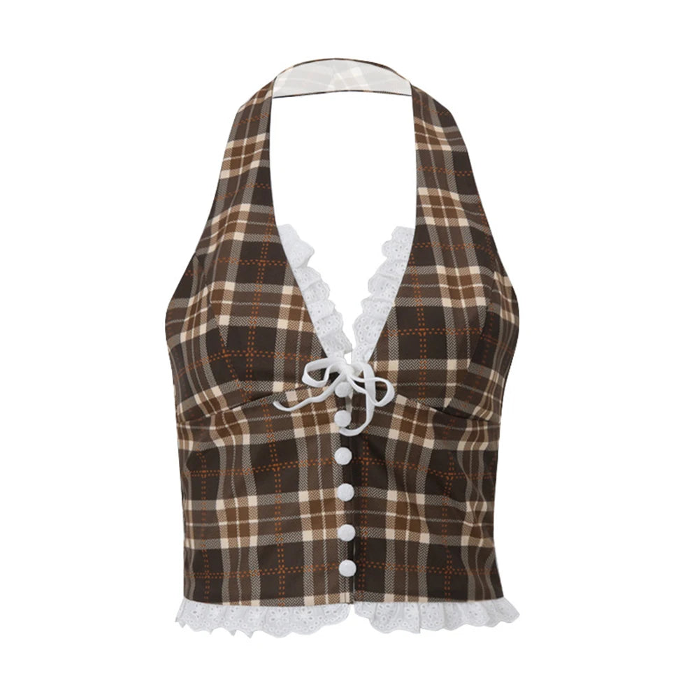 Women’s Halterneck Plaid Crop Top | Backless Slim Tank with Bow Detail