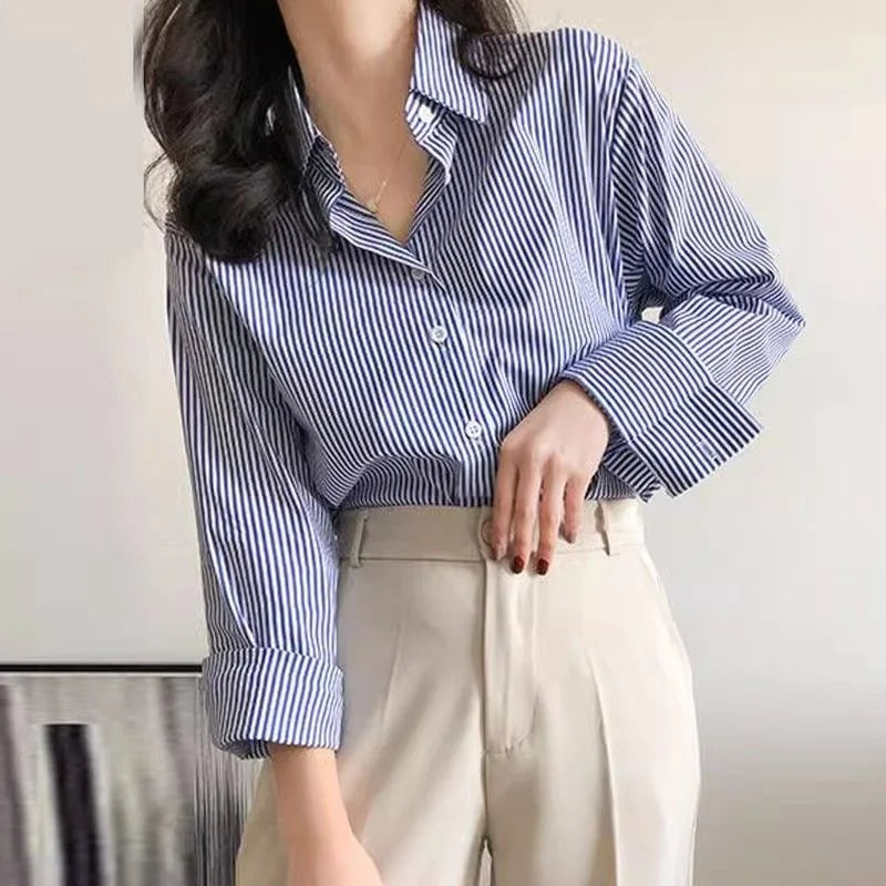 Women’s Striped Blouse | Lantern Sleeve Stand Collar Shirt