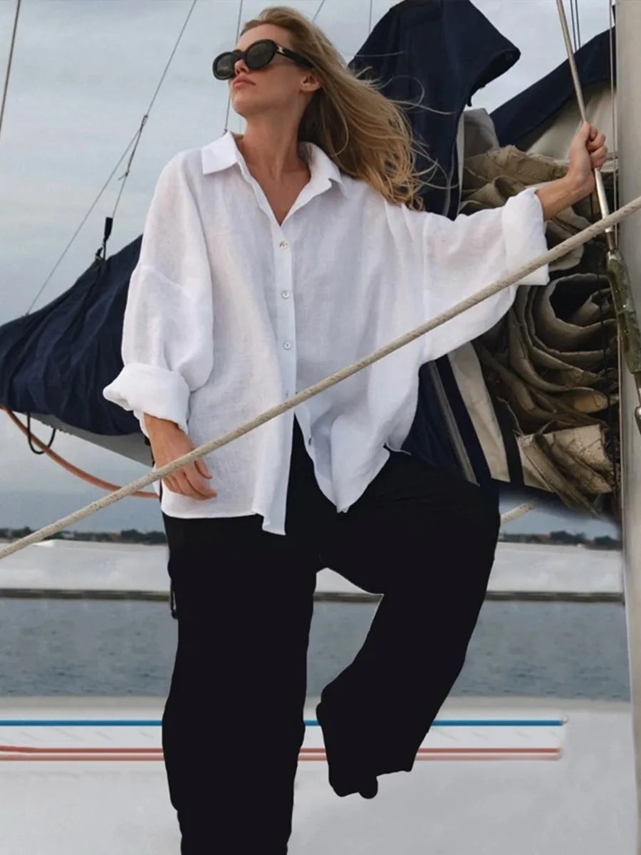 Women’s Cotton Loose Shirt | Casual Long Sleeve Button-Up Cardigan Top