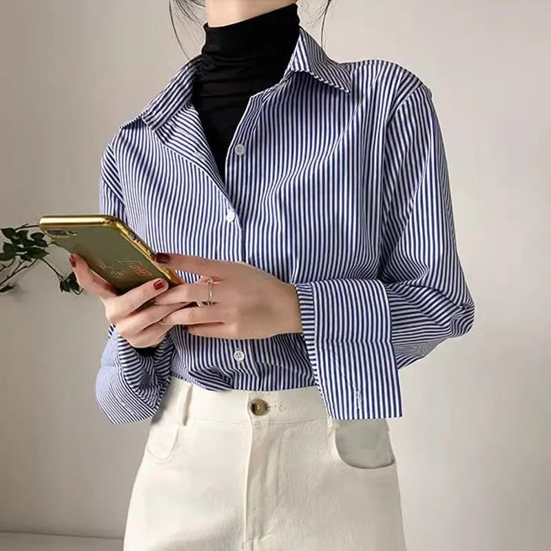 Women’s Striped Blouse | Lantern Sleeve Stand Collar Shirt