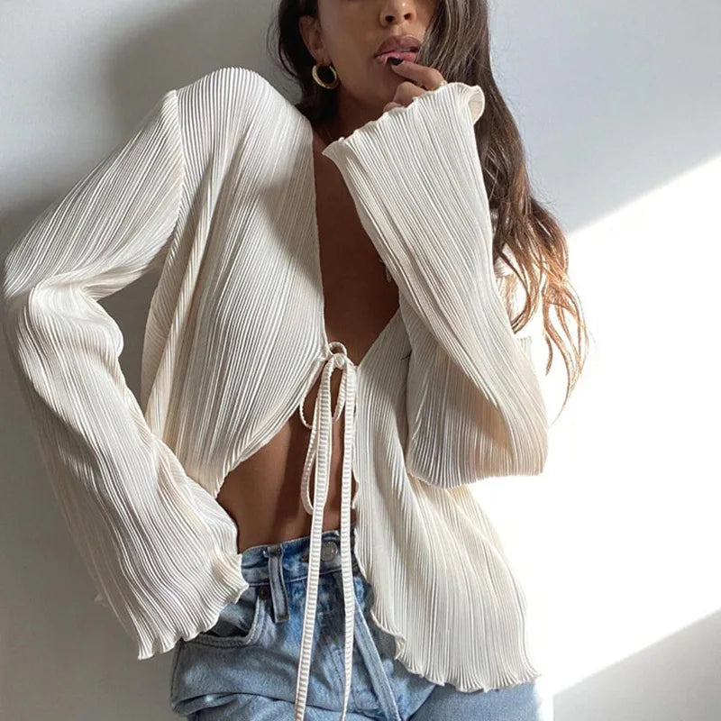 Women’s Pleated V-Neck Tie-Up Shirt | Long Flare Sleeve Casual Cardigan Top