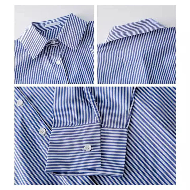 Women’s Striped Blouse | Lantern Sleeve Stand Collar Shirt