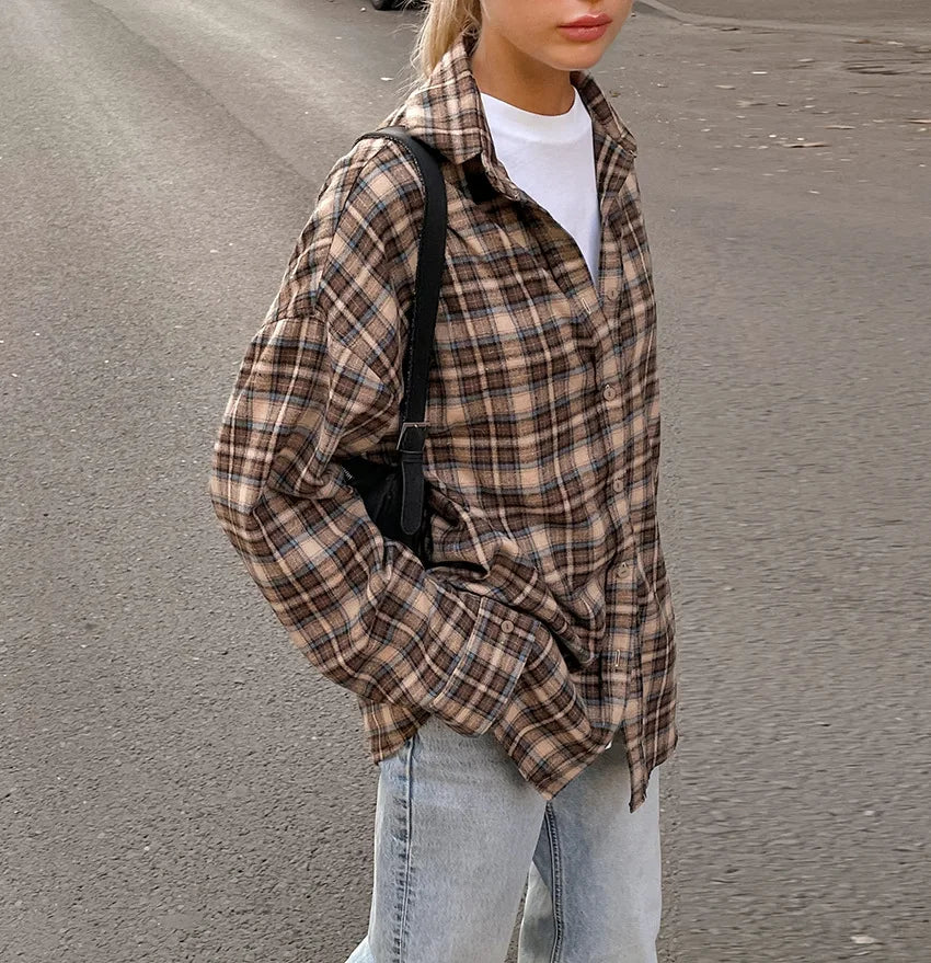 Women’s Vintage Plaid Checkered Shirt | Long Sleeve Loose Casual Button-Up Blouse
