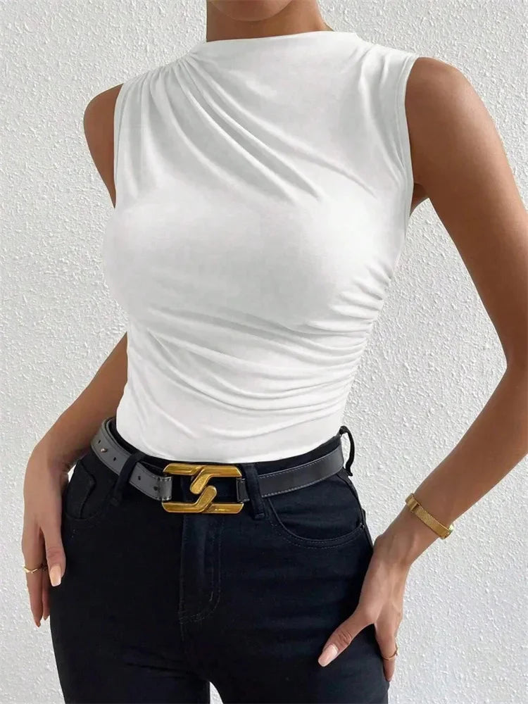 Women’s Mock Neck Ruched Tank Top | Solid Color Sleeveless Summer Tee