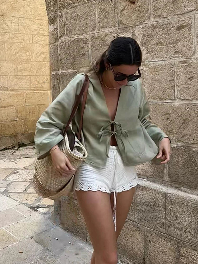 2025 Women’s White Lace-Up Shirt | Elegant V-Neck Long Sleeve Casual Blouse