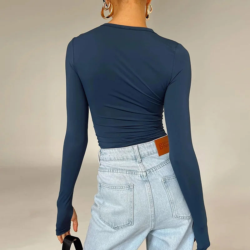 Women’s Long Sleeve Crop Top | Slim Fit Crew Neck T-Shirt with Thumb Holes