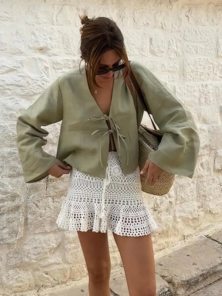 2025 Women’s White Lace-Up Shirt | Elegant V-Neck Long Sleeve Casual Blouse