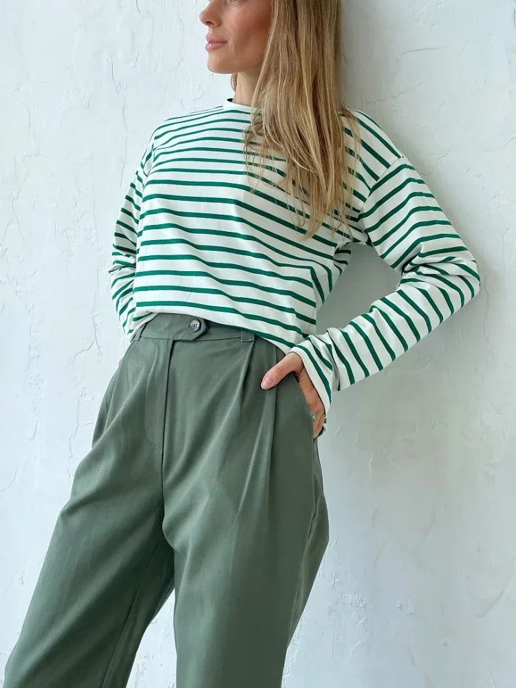 Women’s Striped Long Sleeve T-Shirt | Casual Loose Cotton Tee