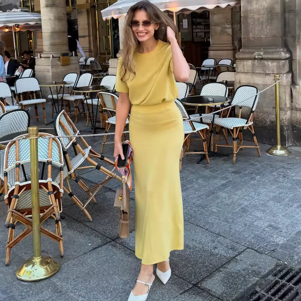 Women’s Soft Knit Two-Piece Set | Short Sleeve Pullover Top & Skirt Solid Color Summer Outfit