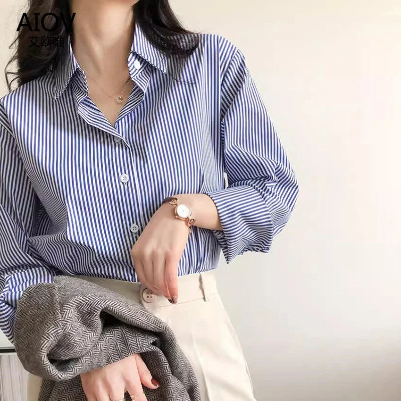 Women’s Striped Blouse | Lantern Sleeve Stand Collar Shirt