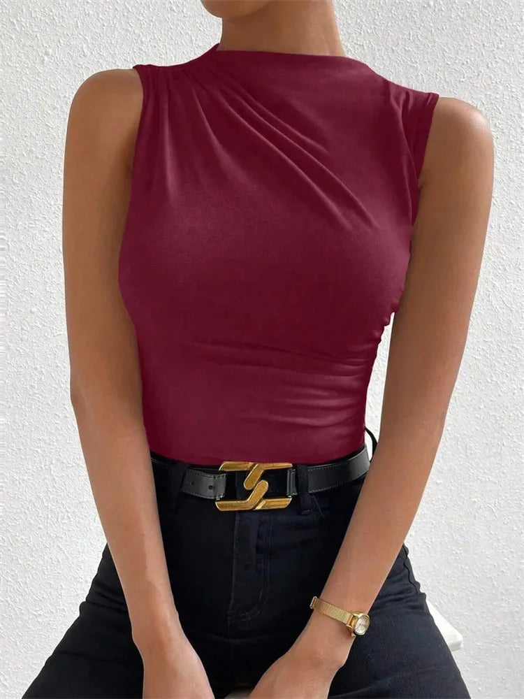 Women’s Mock Neck Ruched Tank Top | Solid Color Sleeveless Summer Tee