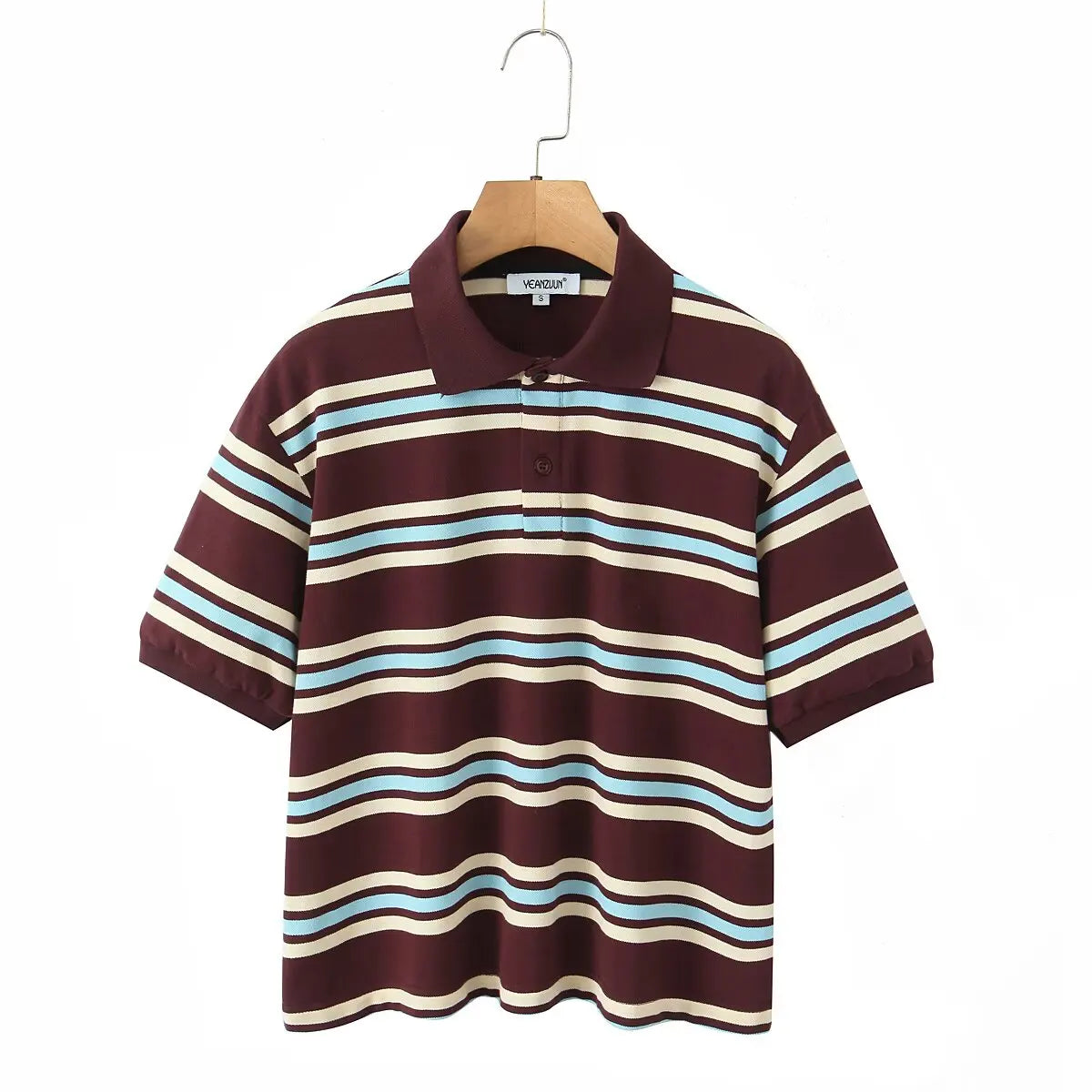 Women’s Vintage Striped Polo Shirt | Short Sleeve Cropped Top with Turn-Down Collar