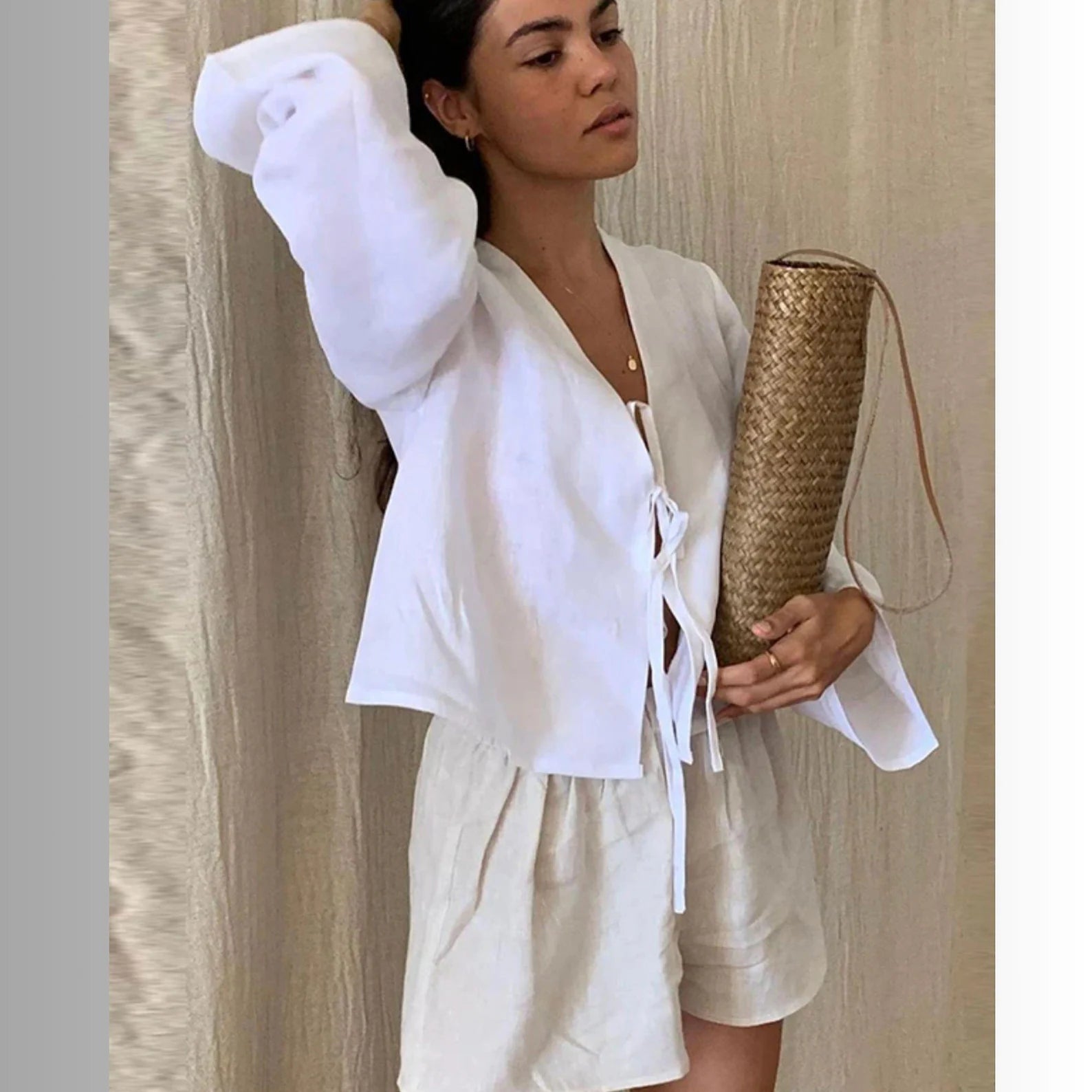 2025 Women’s White Lace-Up Shirt | Elegant V-Neck Long Sleeve Casual Blouse
