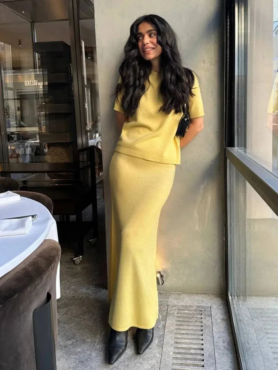 Women’s Soft Knit Two-Piece Set | Short Sleeve Pullover Top & Skirt Solid Color Summer Outfit