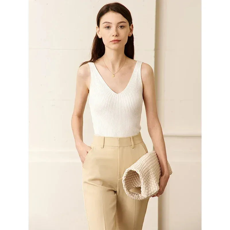 Amii Minimalism Women’s V-Neck Camisole | Slim Knit Tank Top for Summer Office & Streetwear