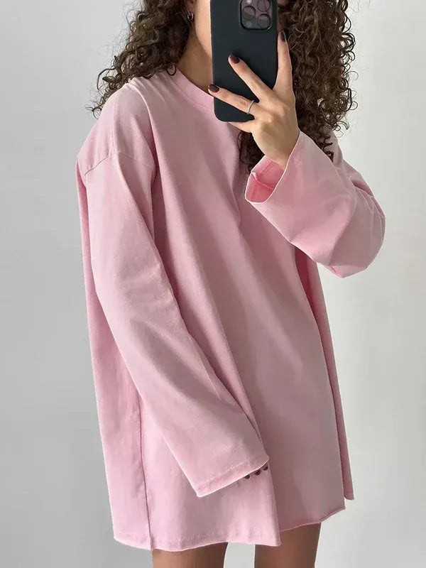 Women’s 100% Cotton Long Sleeve T-Shirt | Casual Solid O-Neck Loose Top