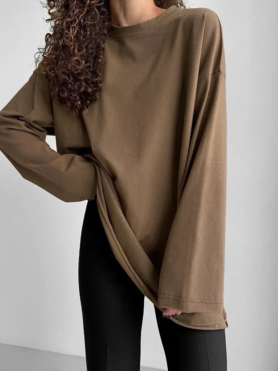 Women’s 100% Cotton Long Sleeve T-Shirt | Casual Solid O-Neck Loose Top